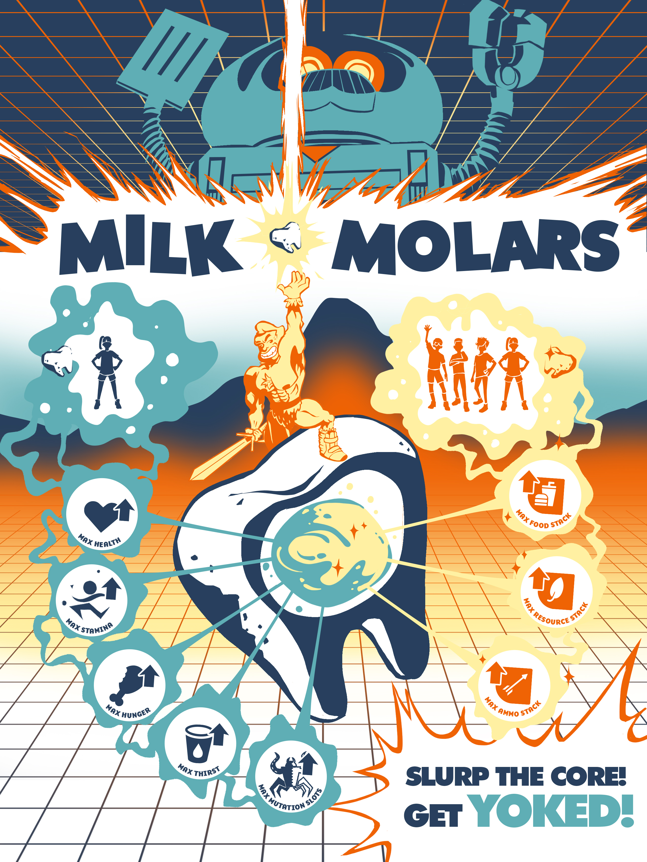 Picture of Milk Molar advertisement with BURGL above and Yoked Girth man on a molar in the middle surrounded by the stat bonus icons on the sides.